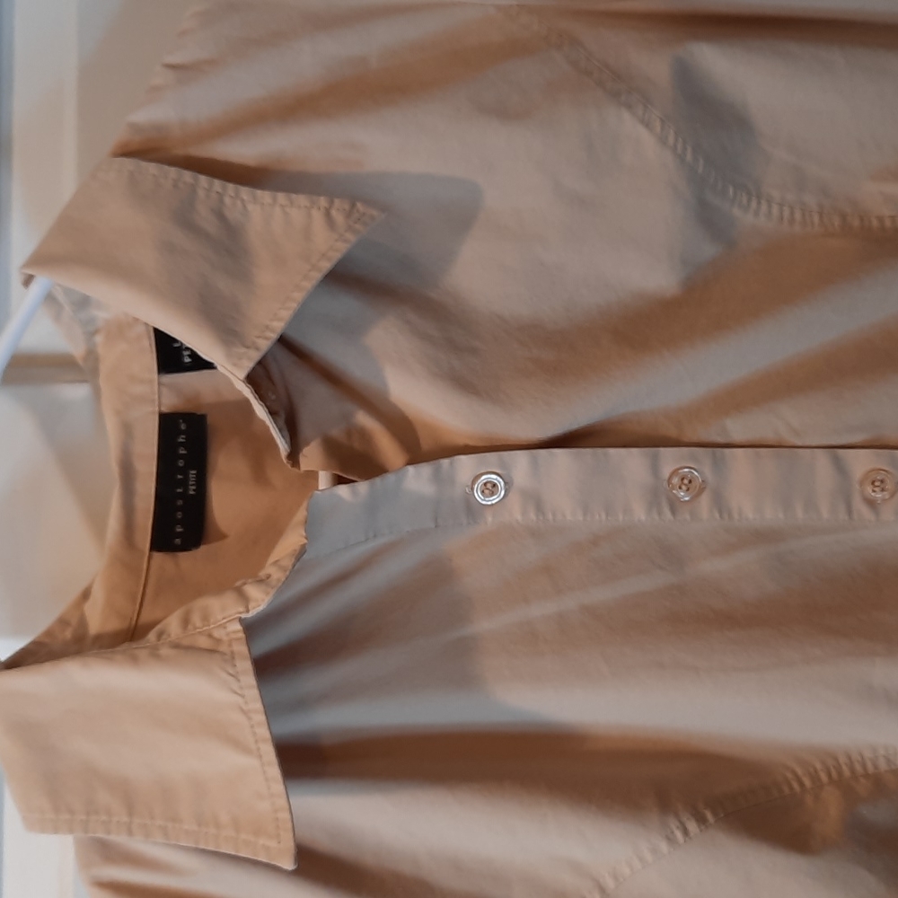 Apostrophe 3/4 Sleeve Tan Colored Button Down Shirt size Petite Large - Picture 4 of 7